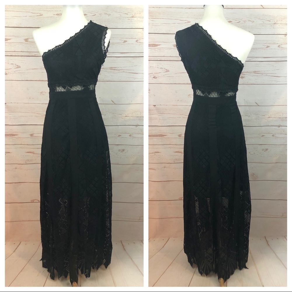 Foxiedox Asymmetrical Goddess One Shoulder Lace Maxi Dress